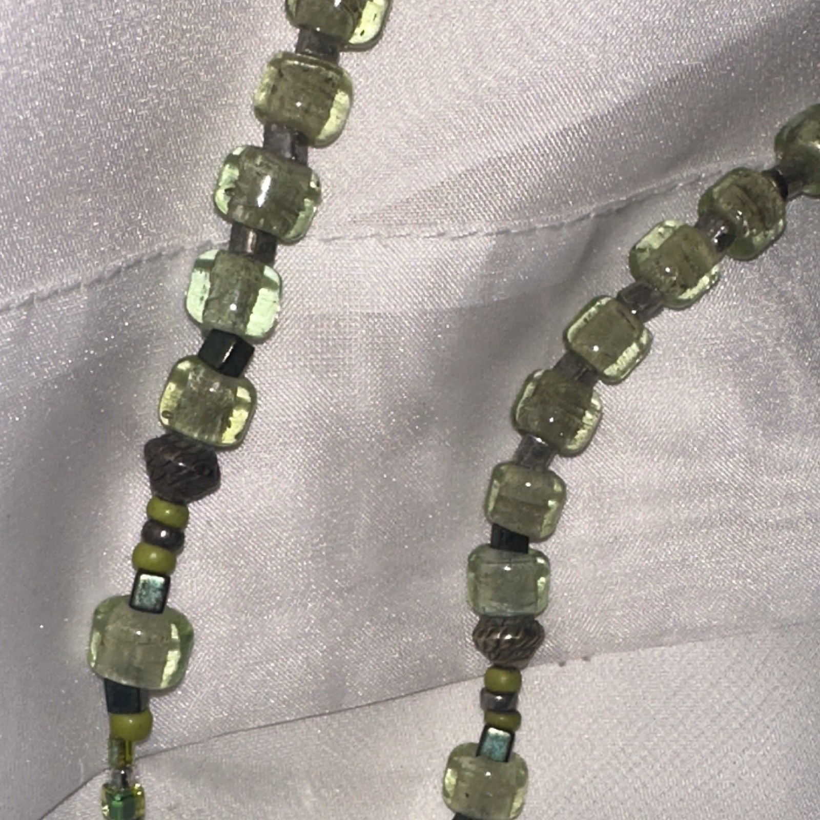 Green Glass Cube Beaded Cord Necklace, Silver Heart Charm, Adjustable
