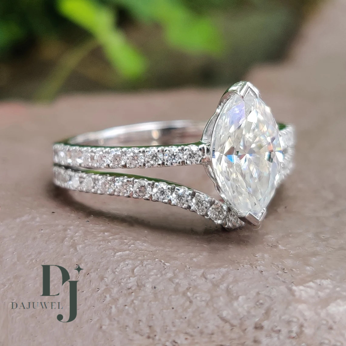 Moissanite Bridal Set Engagement Ring Solid 14K White Gold 2.50 CT Marquise Cut