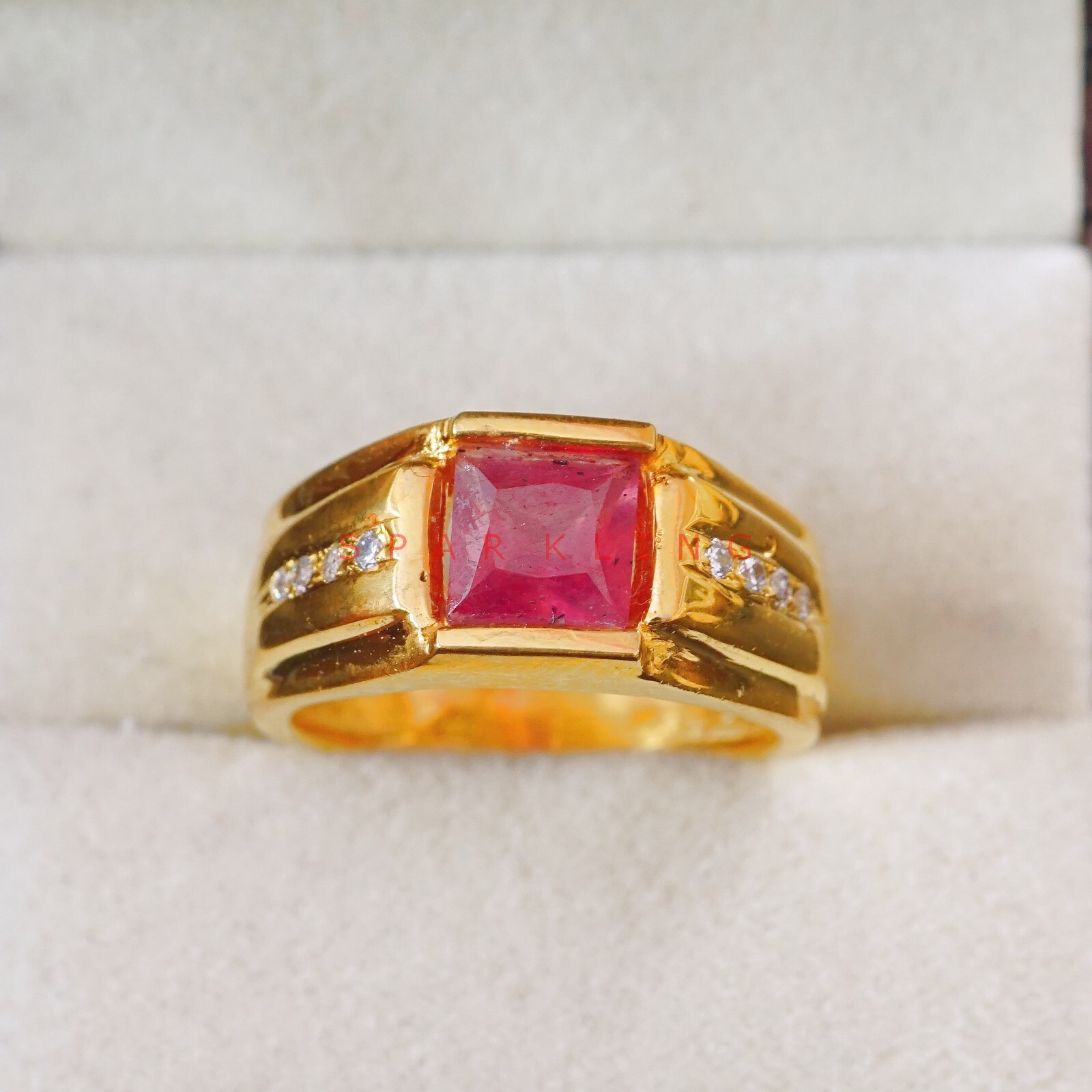 Ruby Cushion Cut With 14K Solid Gold Ring For Men’s #E532