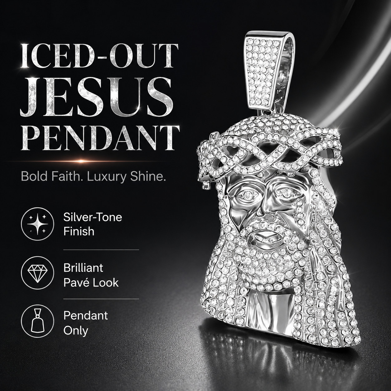 Iced Out Jesus Pendant Necklace Charm, Luxury Silver Tone Faith Inspired Hip Hop