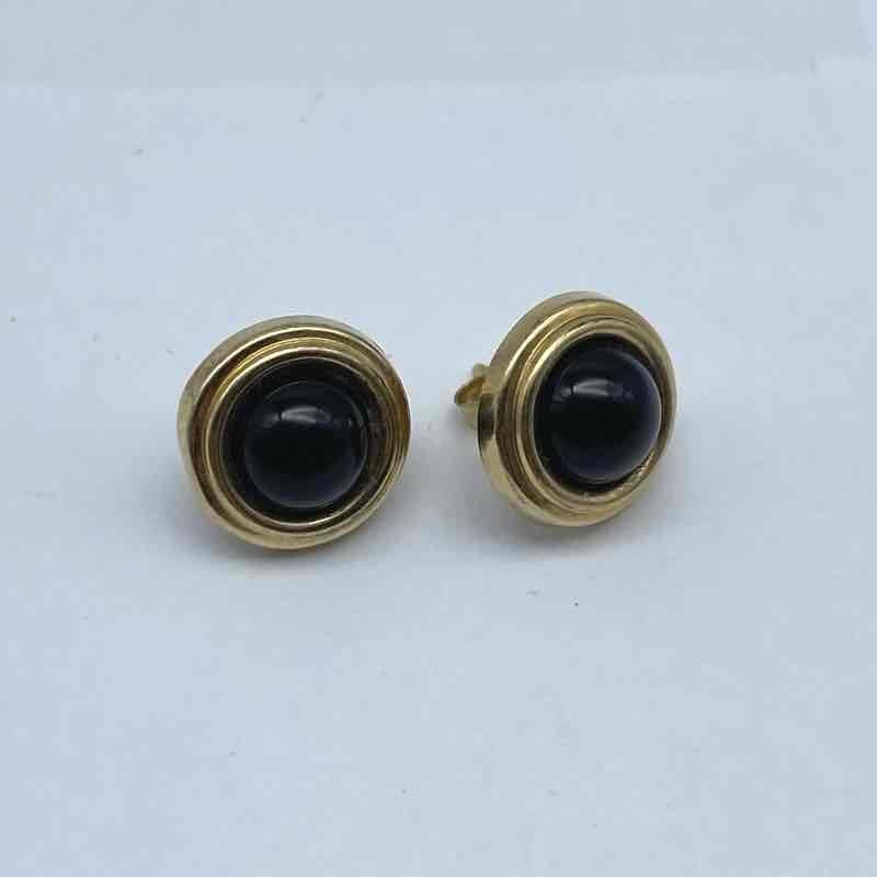 14K Yellow Gold Black Onyx Stud Earrings Bezel Set Round 11.6mm 1.02g