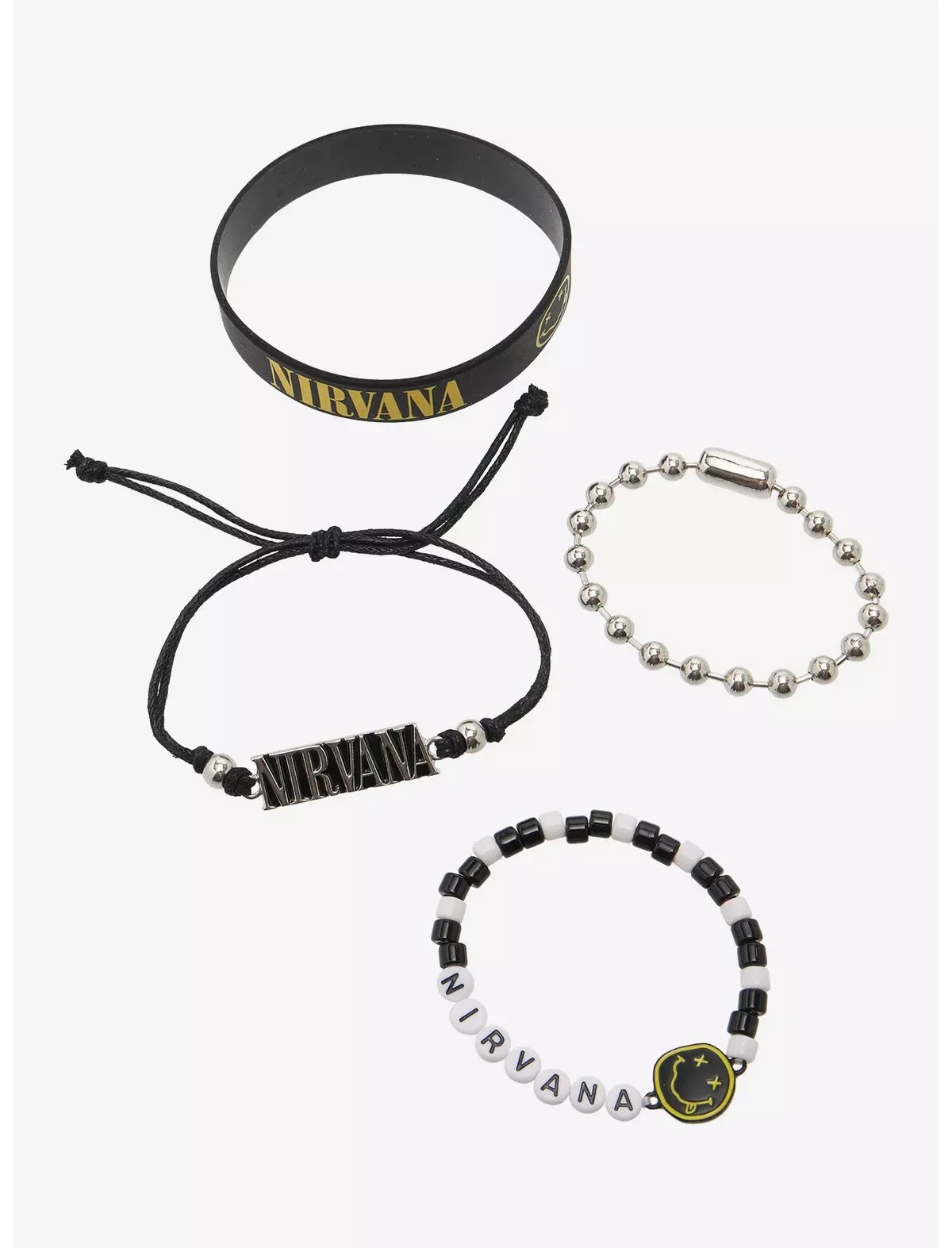 Nirvana Logo Bracelet Set 4 Bead Nameplate Smiley Face Rubber Cobain New