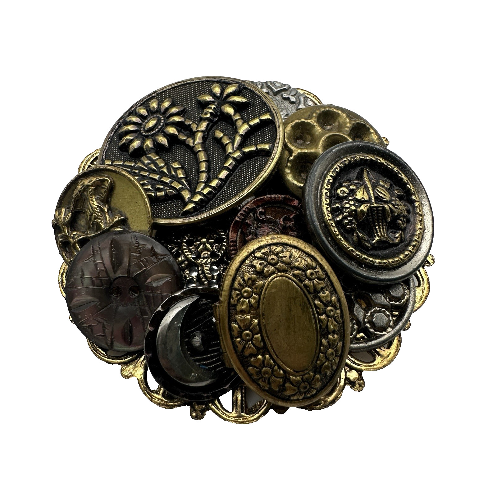 Victorian Steampunk Gothic Button Collage Assemblage Cluster Brooch Locket Pin