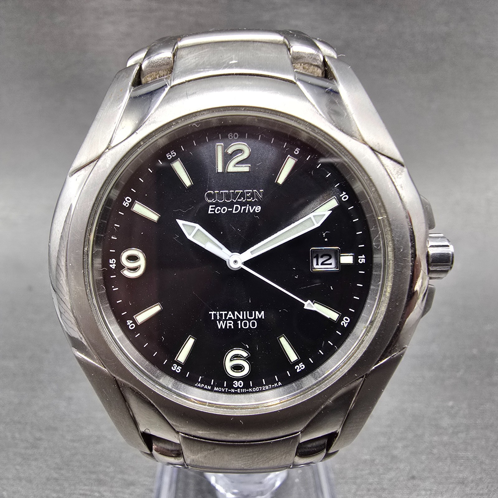 Citizen Eco-Drive Watch Men 41mm Black Dial Titanium Date E111-K006368 Runs