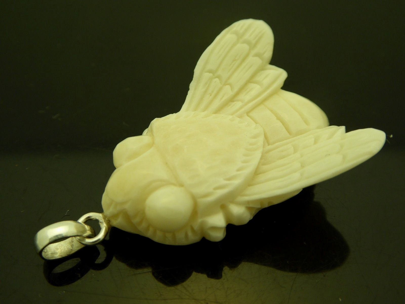 Carved Honey Bee Water Buffalo Bubalus Bubalis Bone Sterling 925 Amulet Necklace