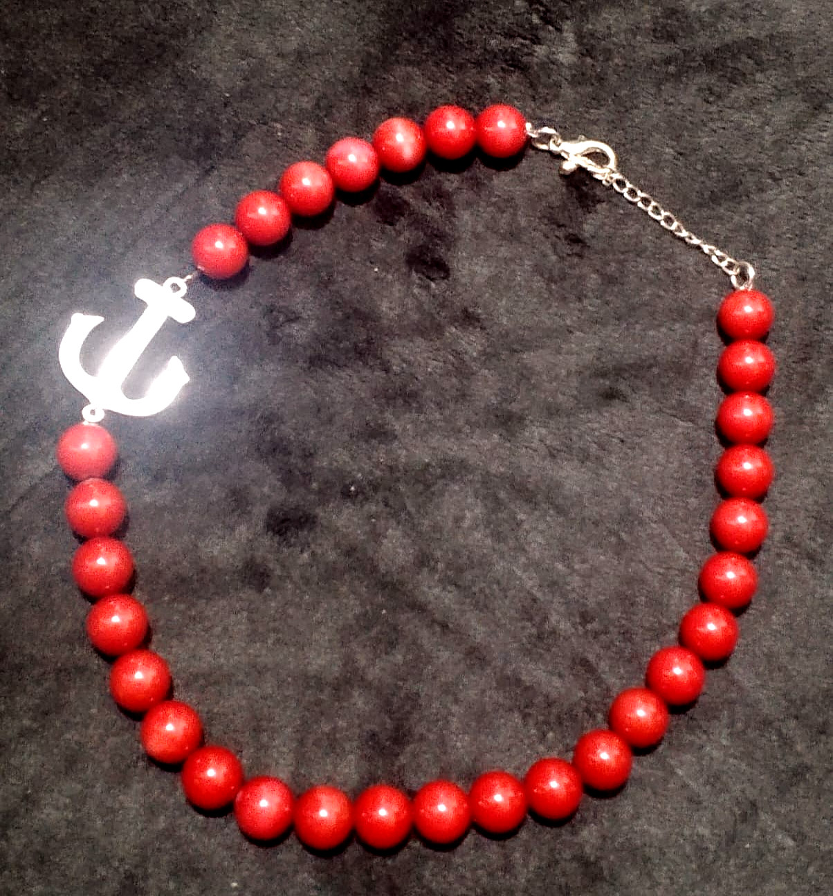 Handmade Red Round Bead Necklace – Silver Anchor Connector Charm