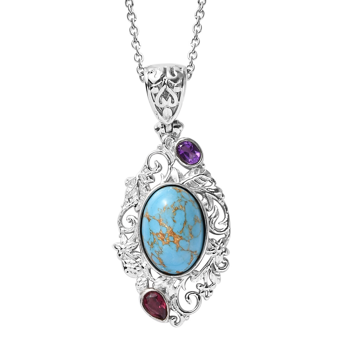 5.85ctw Mojave Turquoise Pendant & Chain 24″ Platinum Plated Copper & Stainless