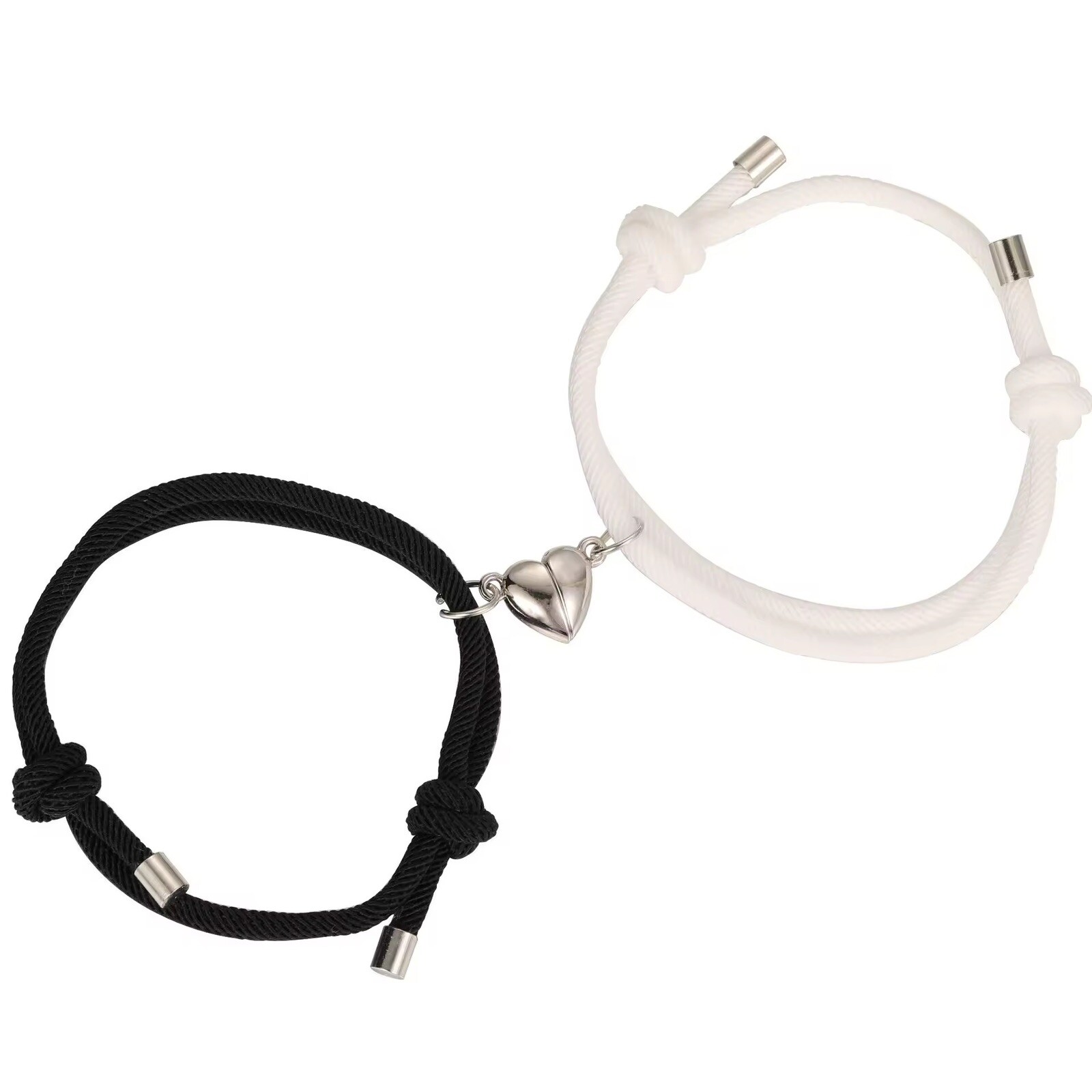 2Pcs Black & White Rope Braided Couple Bracelet Set – Magnetic Heart Charm Jewel