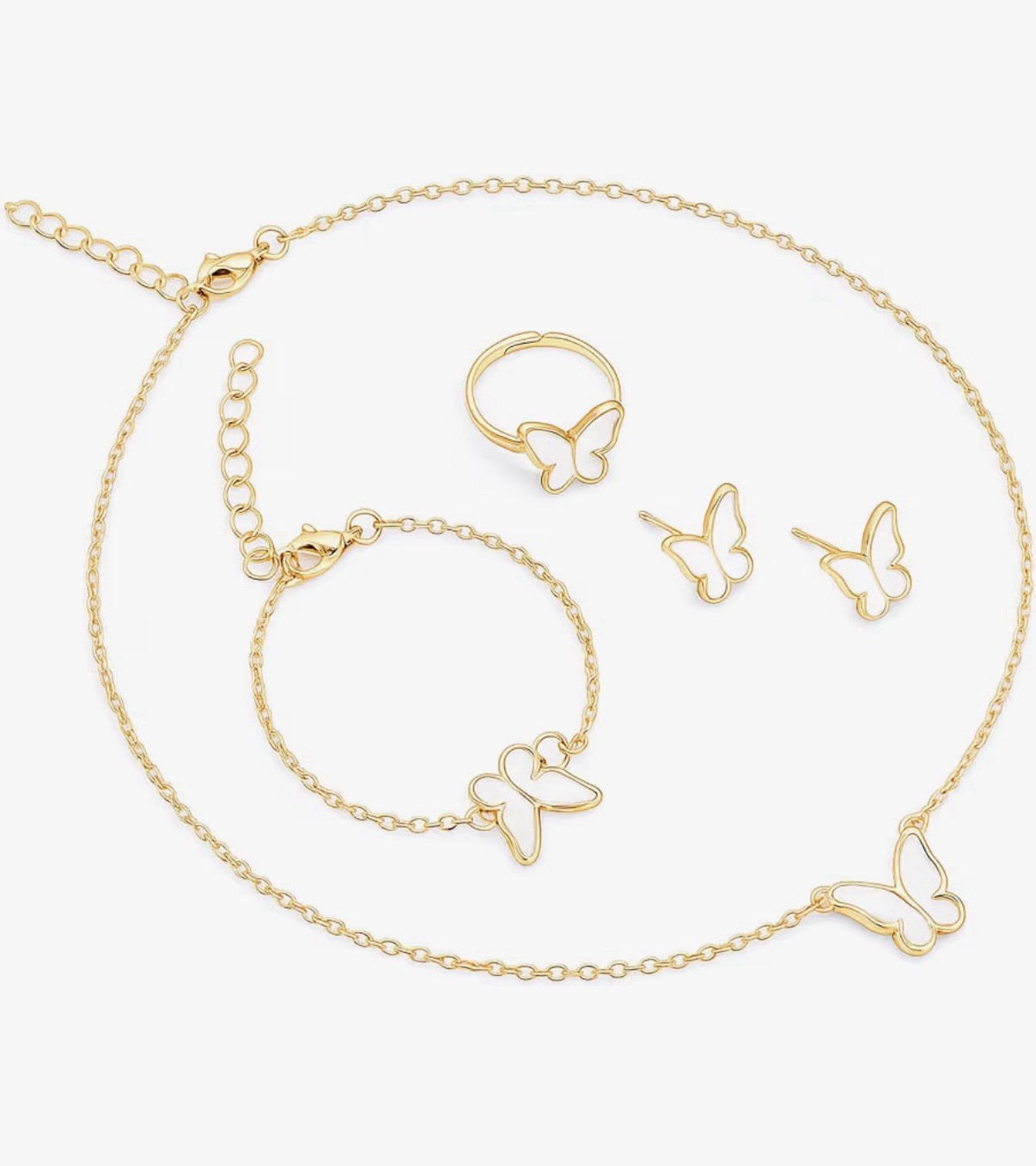 4Pc Butterfly Gold Plated Jewelry Set Necklace Earrings Bracelet Ring for Women