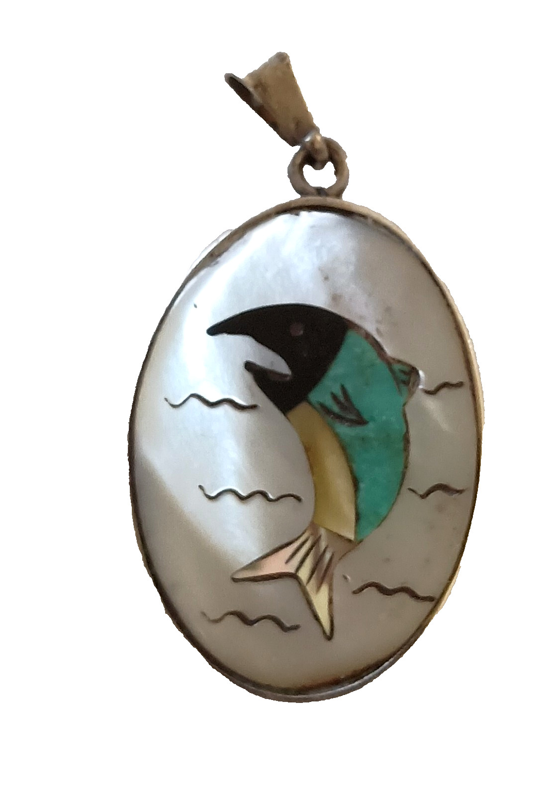 Vtg ABB Taxco MOP Turquoise Onyx Dolphin Inlay Pendant .925 SS 1970’s NOS #6F