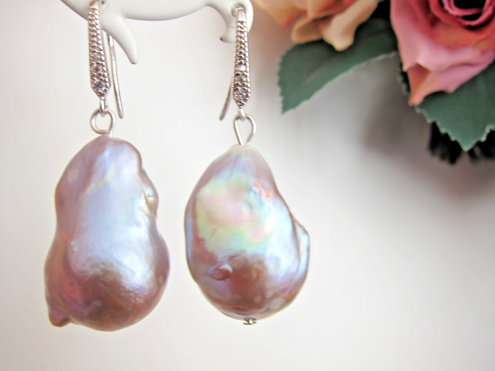 Huge Purple South Sea Keshi Reborn Pearl Drop Earrings on Silver Hoop 25 29mm.