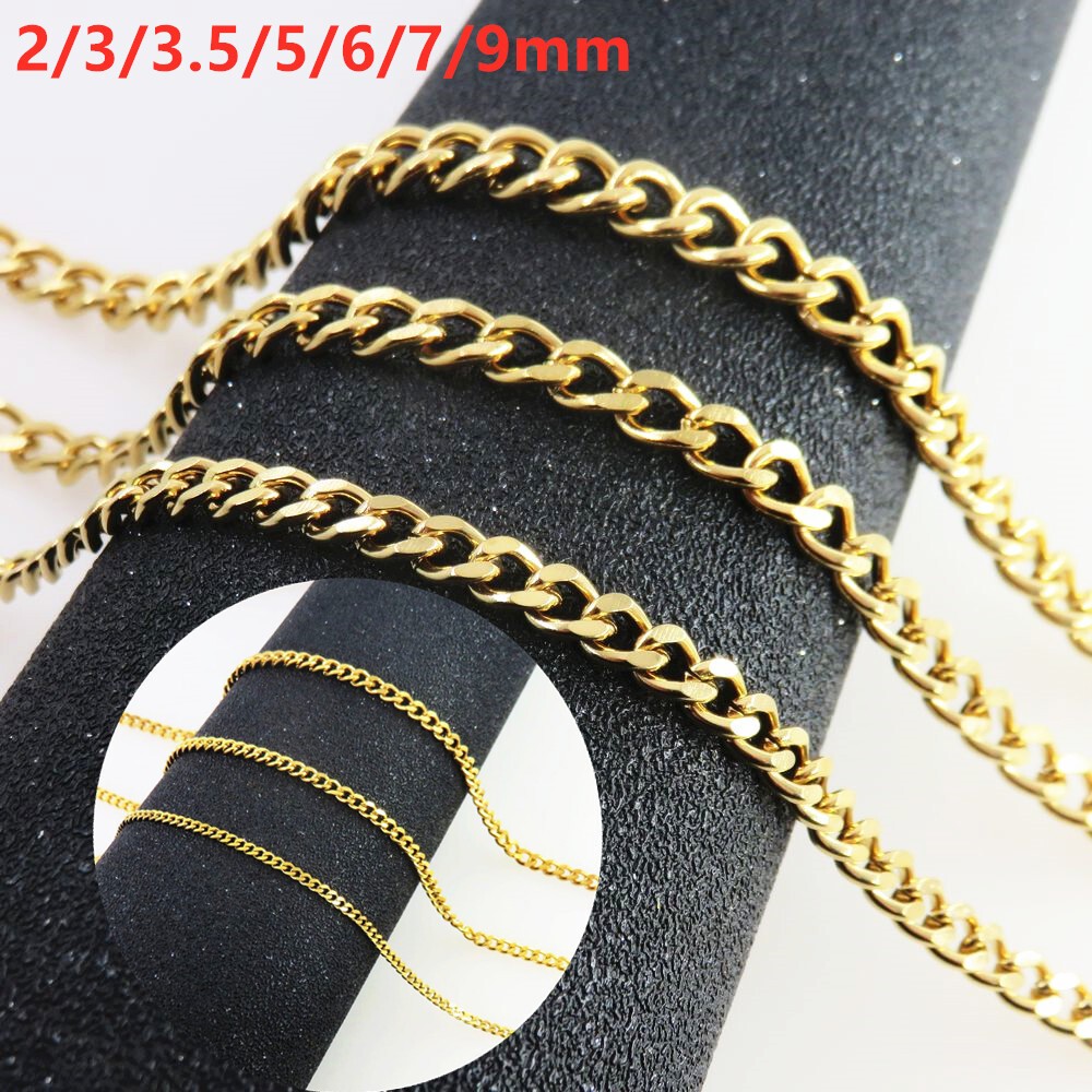 Woman Man 2-9mm Stainless Steel Gold Plated Curb Cuban Chain Necklace Link