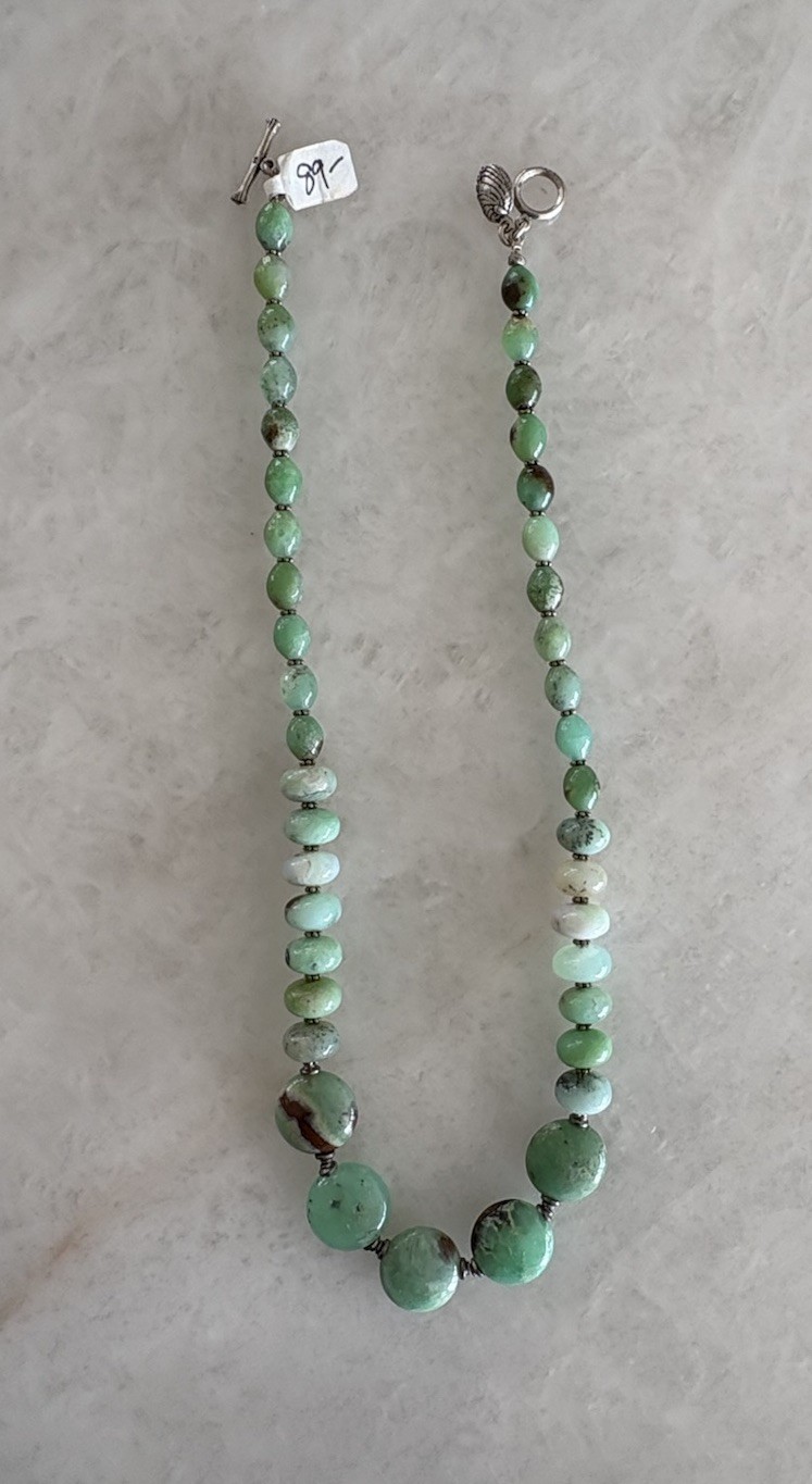 CHRYSOPRASE BEADED NECKLACE – Sterling Silver 925 – Artisan Shell Tag – NEW