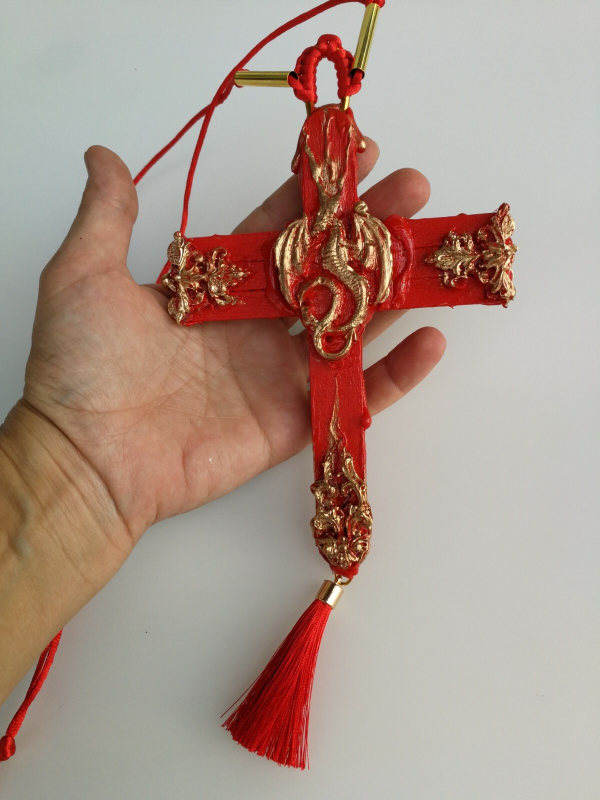red dragon rouge cross crucifix wood witch pendant magical talisman pagan gothic