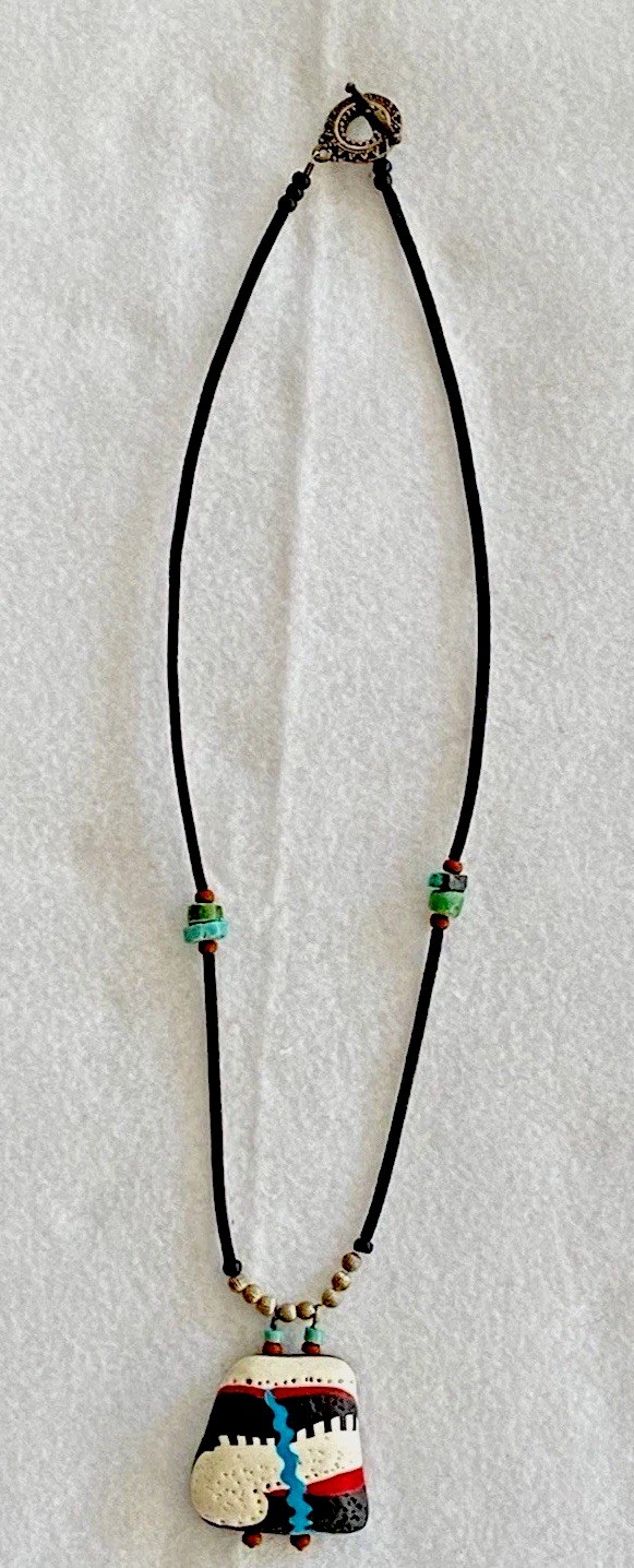 Pueblo Painted Clay Signed Pendant, Southwest Turquoise & Coral Chips on cord