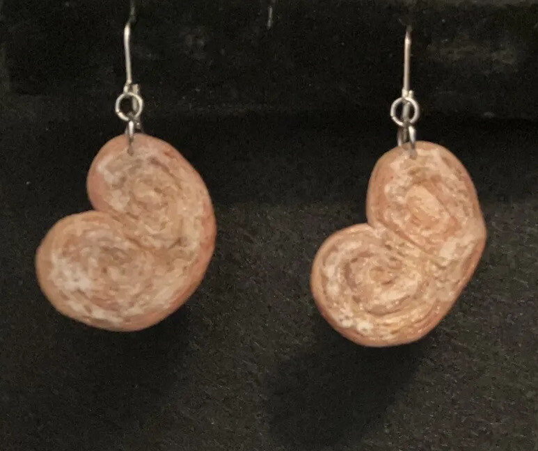 Sugar Cinnamon Palmier French Heart Pastry Earrings, 925 SS Hooks, Artisan Made