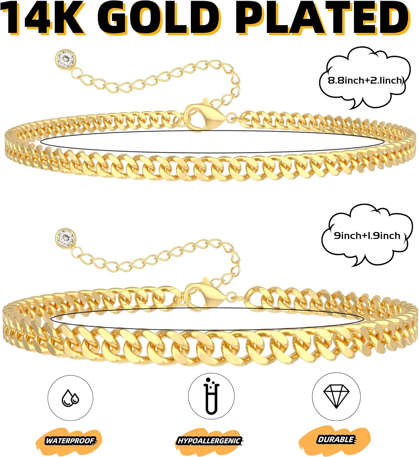 14K Gold Plated Stackable Chunky Cuban Link Chian Anklet Bracelet Set for Women