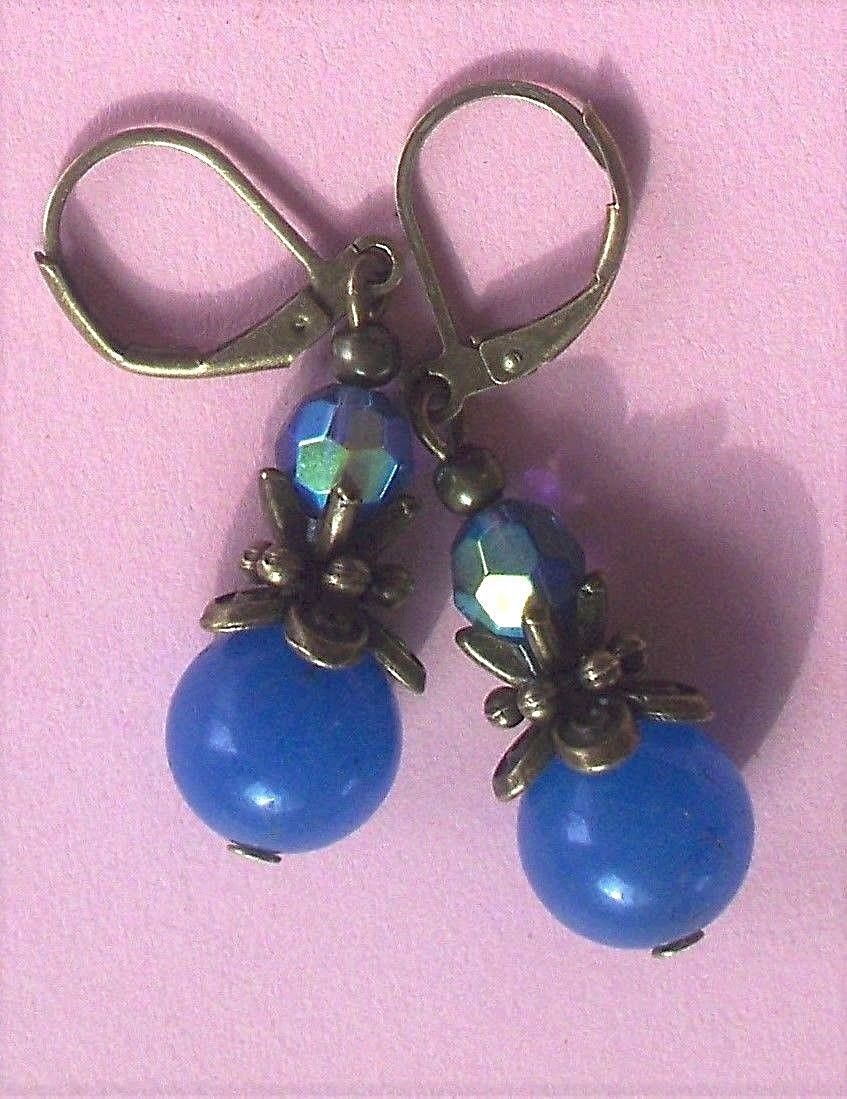 dark blue BLUE JADE & AB Crystal earring BRONZE LEVERBACK artisan#475-4