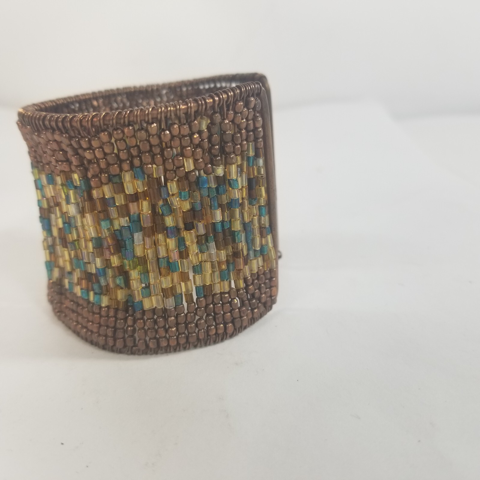 Beaded Wrap Cuff Bracelet Bronze Tone Seed Beads Flexible Fit Wide