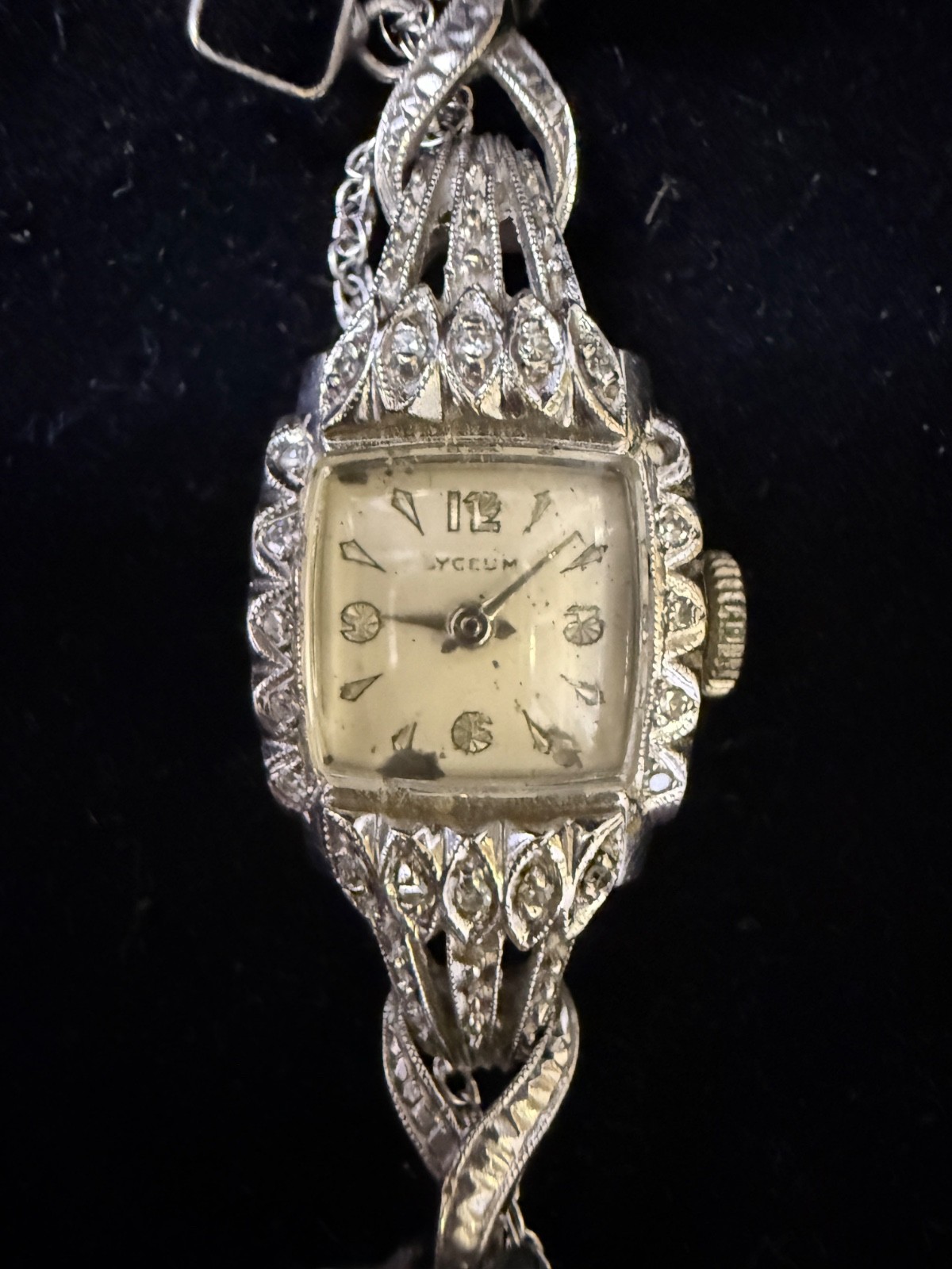 Antique Art Deco LYCEUM 14K White Gold Diamond Bracelet Watch Ladies Cocktail