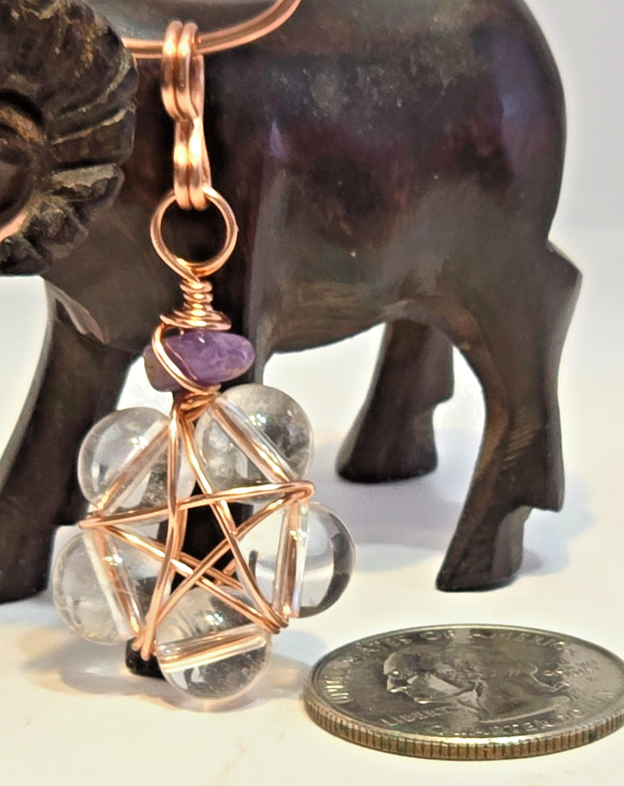Copper Wire Wrapped 5-Point Star Pendant with Clear Quartz & Amethyst Chip
