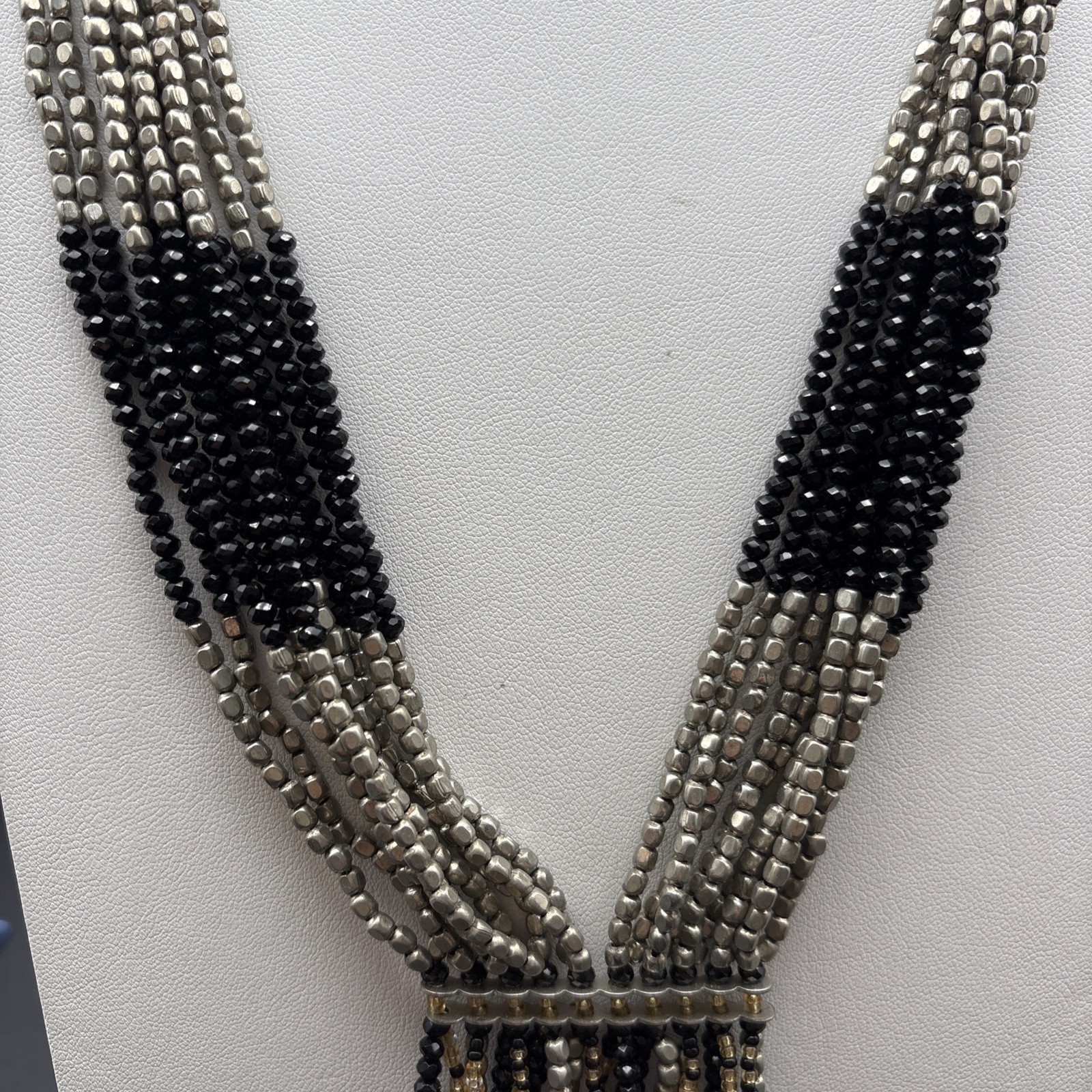 Himalayan Gems Necklace Fringe Boho Flapper Vibe Black Silver Gold Beads 23”