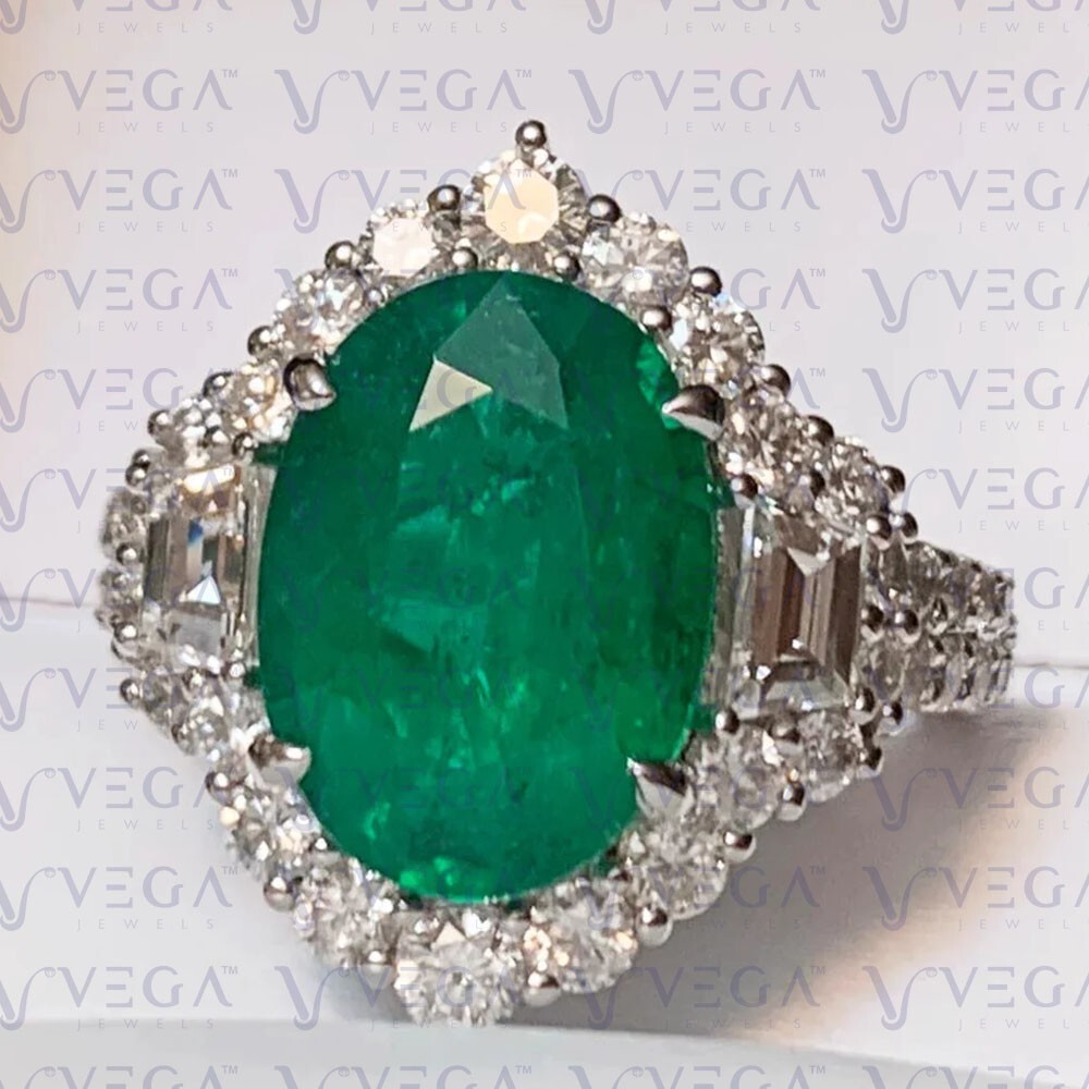 7.90ct Oval Cut Natural Emerald & Diamond Engagement Ring 18K White Gold Plated