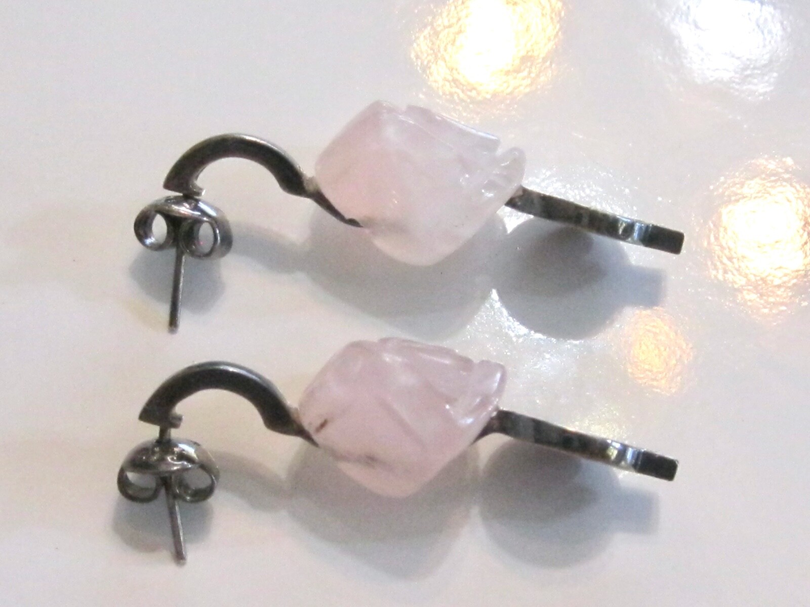 HANDMADE POST EARRINGS FLORAL CARVED ROSE QUARTZ COINS DIAMONDS MYSTERY NUMBER
