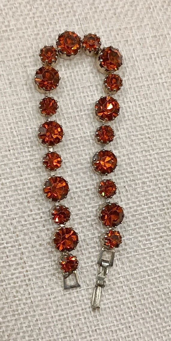 Vintage Rhinestone Tennis Bracelet Orange Brown Stone Sparkly 7.25″