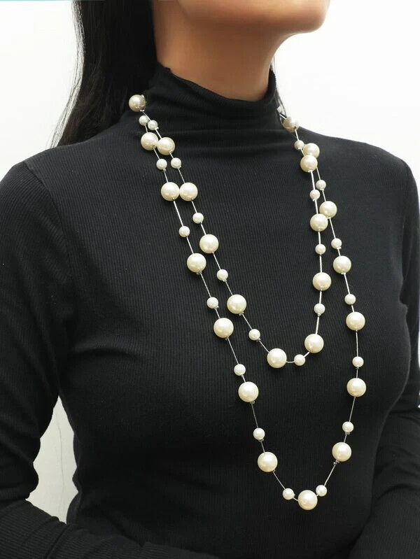 Extra Long Big Jumbo Pearl Necklace Silver Tone Thin Dainty Smooth Chain 58″ New