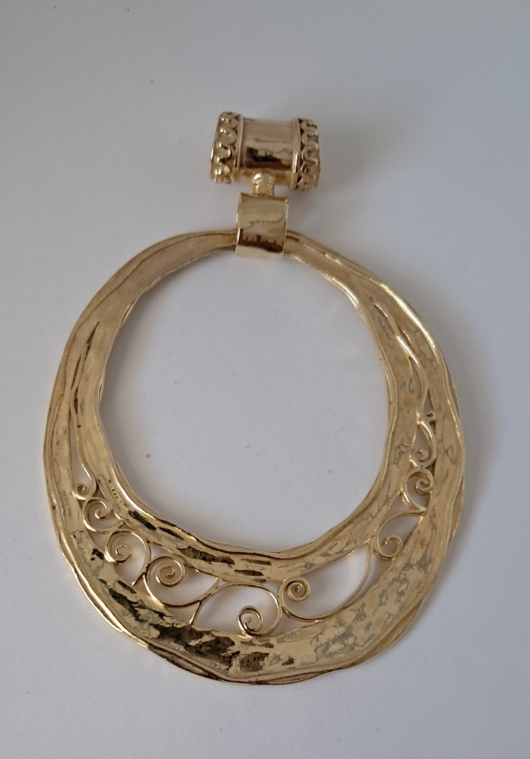 LIRM Sterling Silver Gold Plated Vintage Israel Large Circle Scroll Pendant 11G