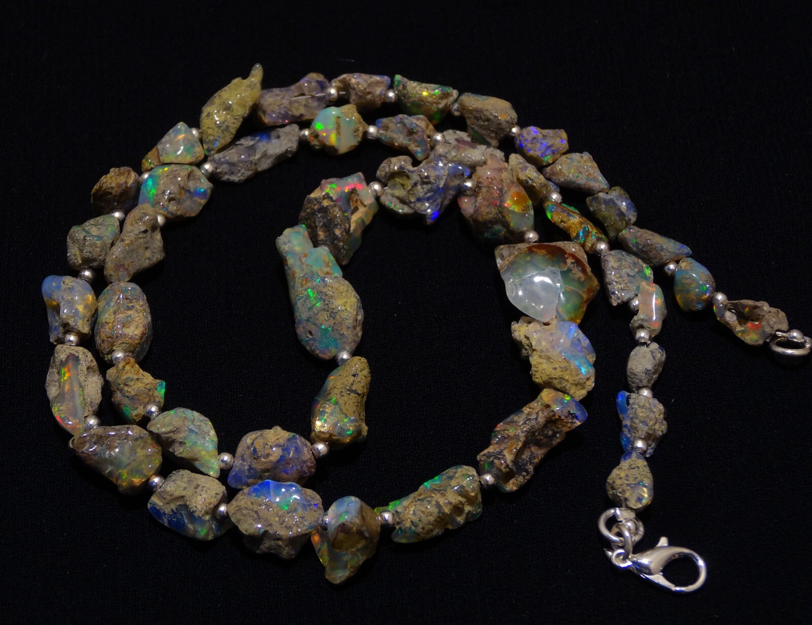 Rainbow Fire Black Opal Rough 9 to 15 mm Freeform Nugget Beads Necklace 19″