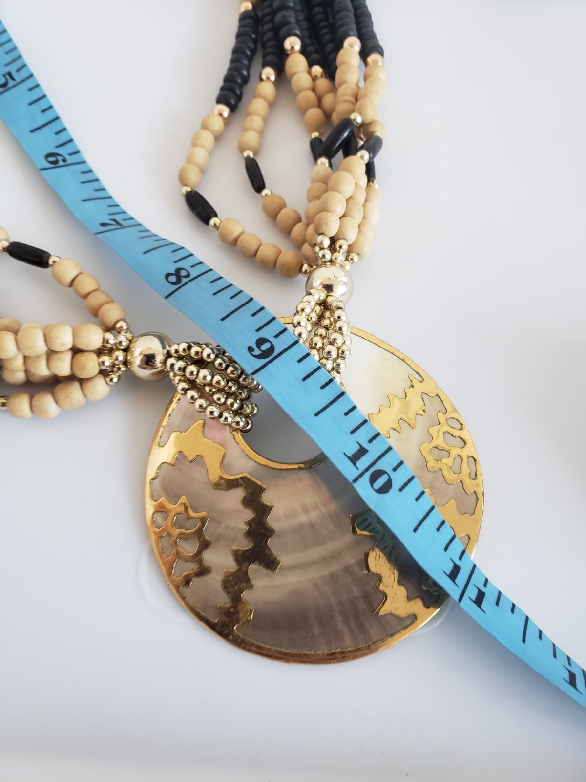 Boho Necklace Wood Plastic Metal Bead Pearl Round Pendant Made In Philippines .