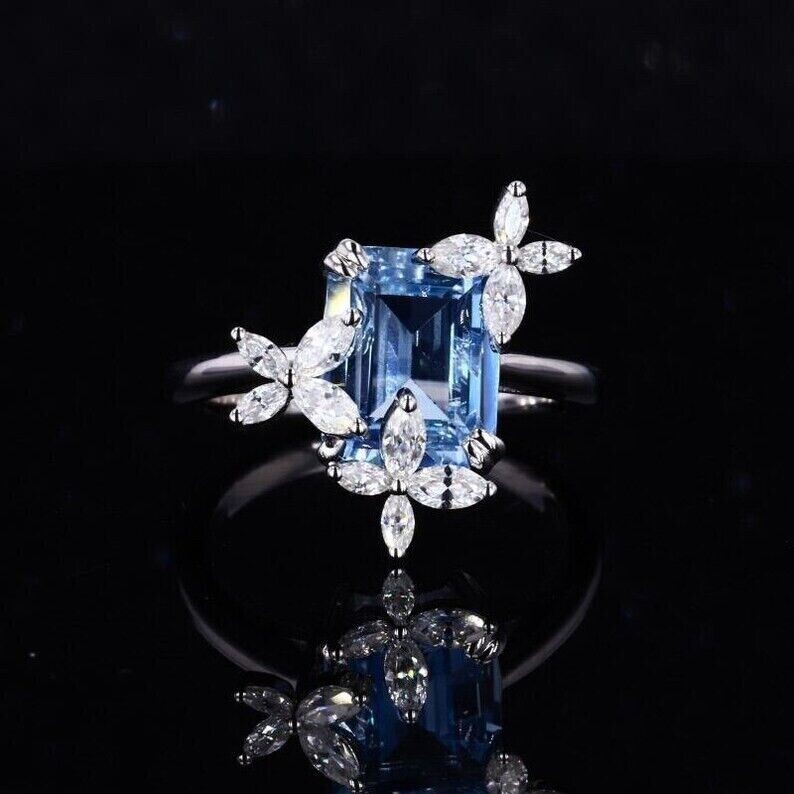 3CT Emerald Cut Lab Created Blue Topaz Wedding Ring 14k White Gold Plated