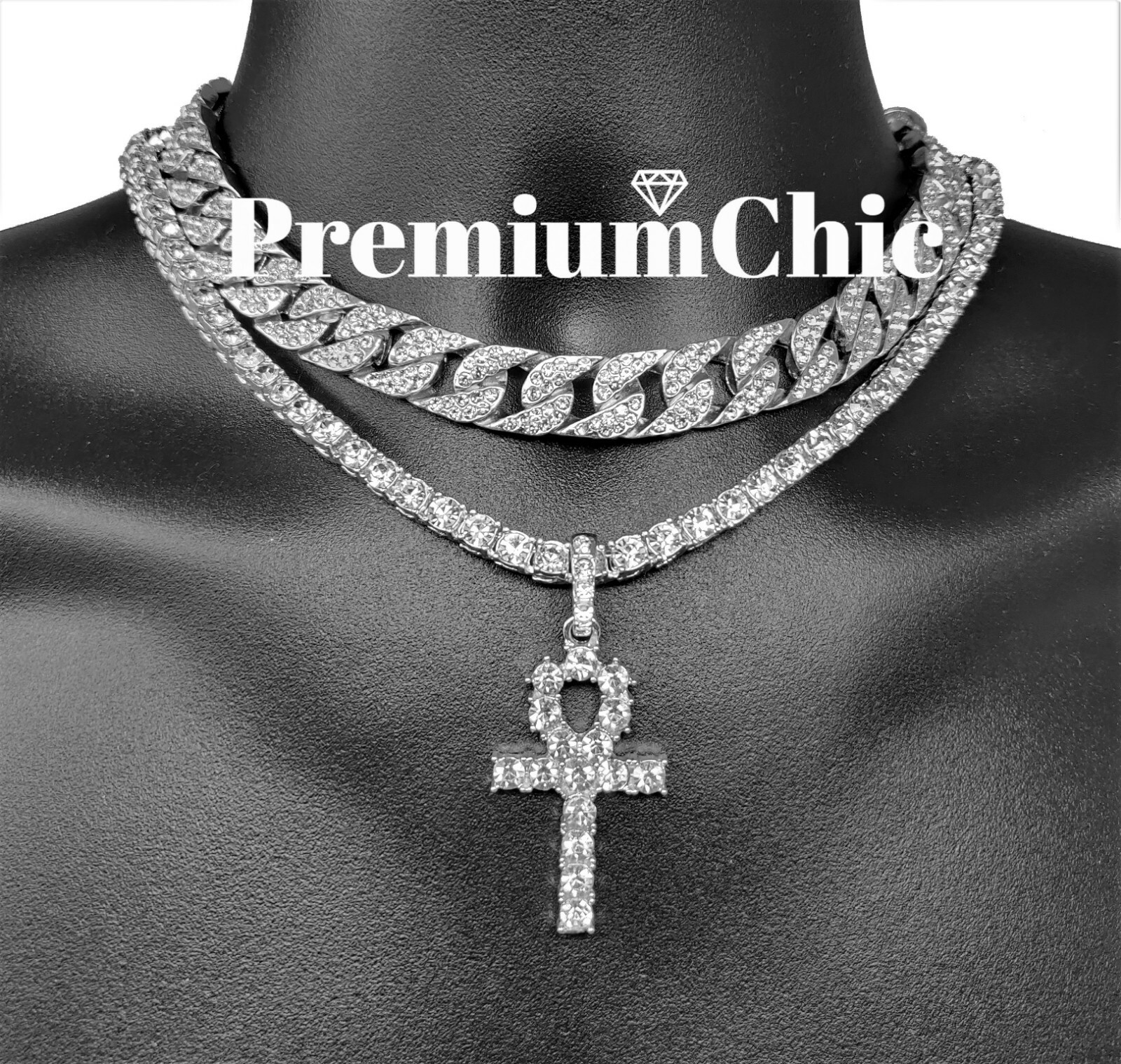 Mens Hip Hop ANKH Pendant + Tennis Chain + Miami Cuban Choker Plated CZ Jewelry