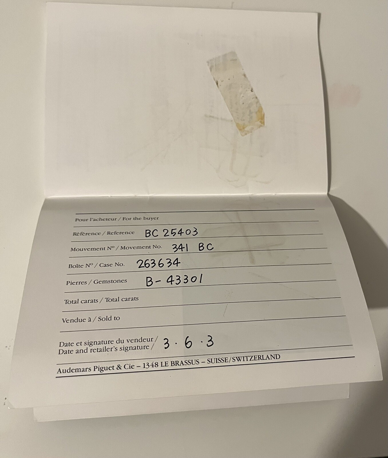 Genuine Audemars Piguet Certificate of Origin Warranty Papers BC25403 Booklet