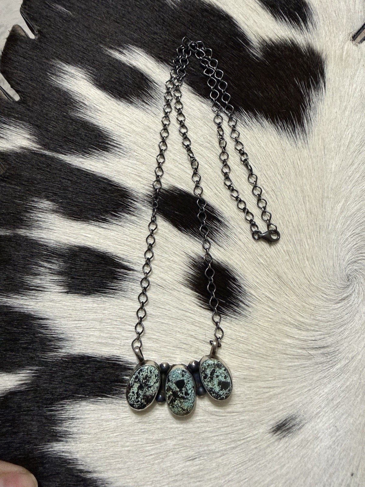 Navajo made blackjack turquoise 3 stone bar necklace
