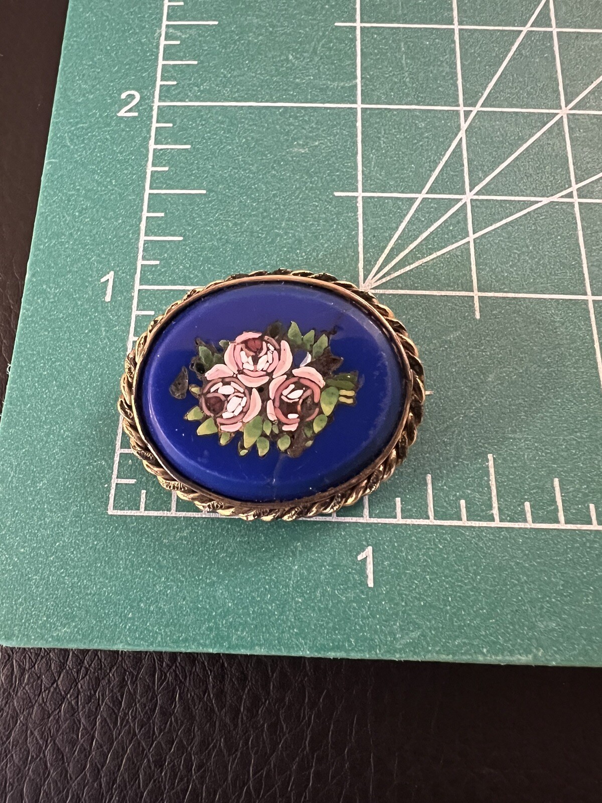 Antique Italian Pietra Dura Mosaic Inlay Pink Rose W Blue Gold Filled Pin Brooch