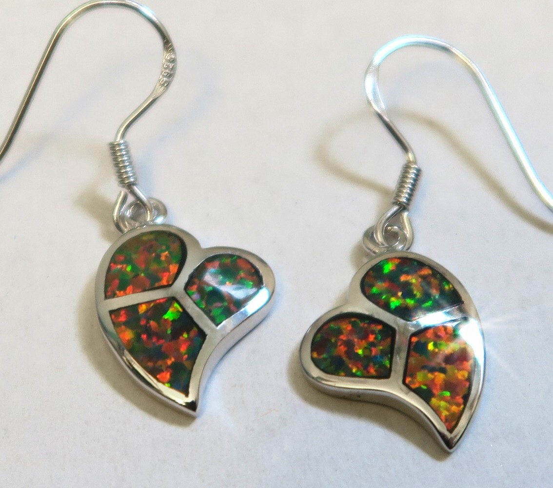 925 REAL SILVER RHODIUM PLATED *** Opal Red Brown Synth. Leaf Earrings 33mm