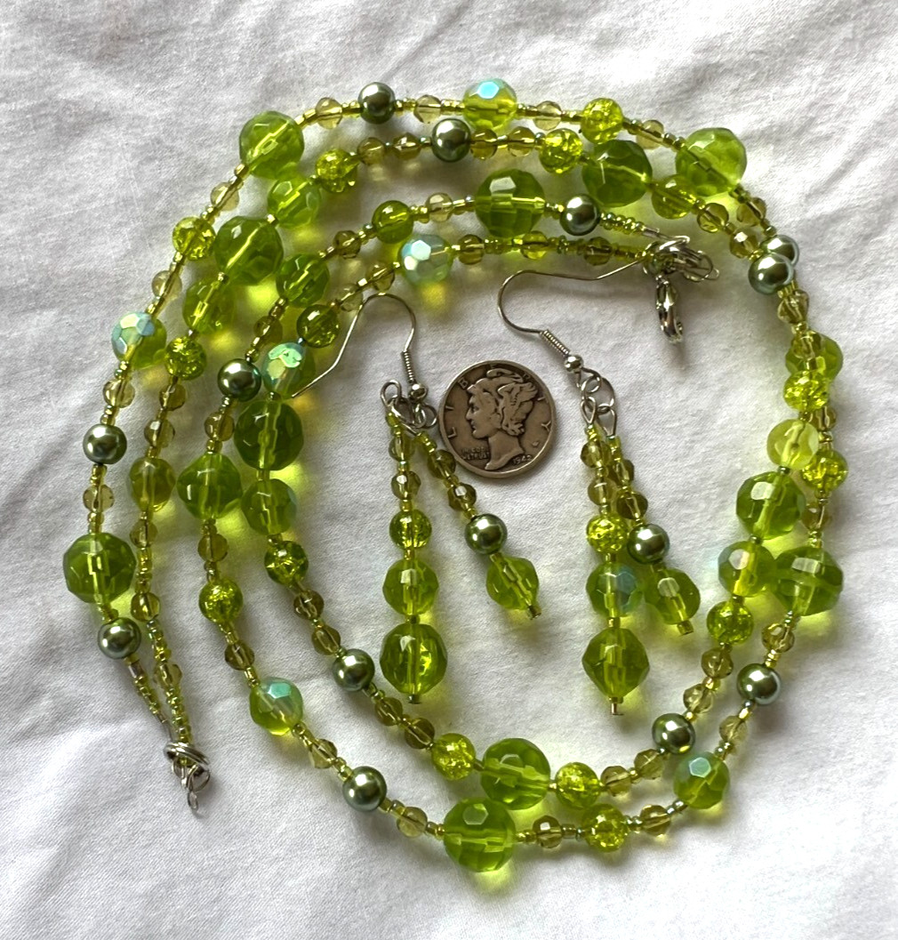 Beaded 2 Strand Necklace 17 1/2 Inches Dangle Earrings Glass Beads Pastel Green