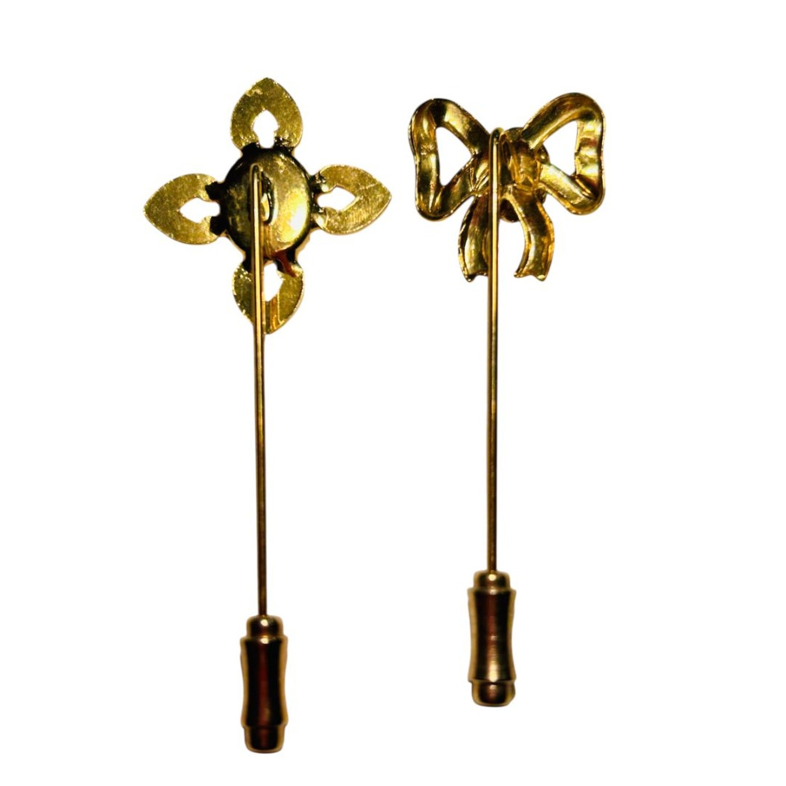 Set of 2 Stick Pins Goldtone Flower Bow Pink Cream Color 2.25″
