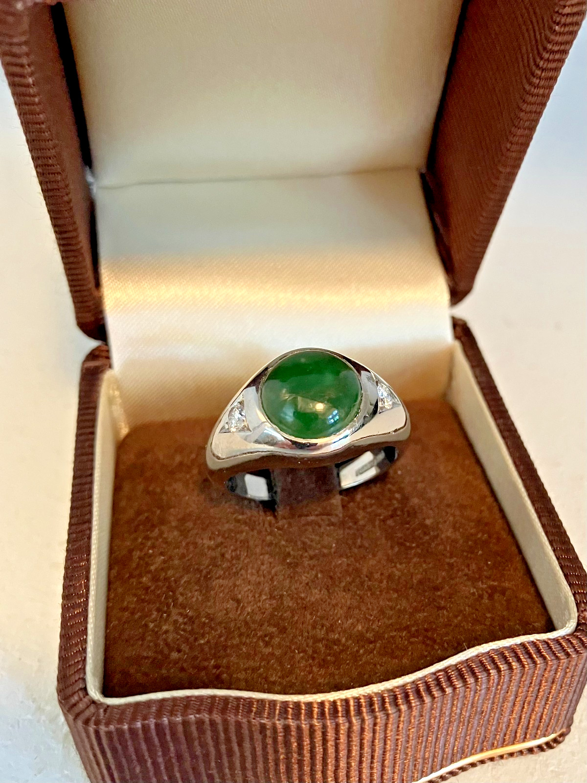 Gorgeous Palladium Jade & Diamond Ring Mens Womens Size 9