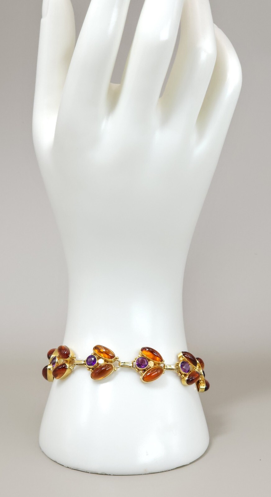 Antique 14k Yellow Gold Natural Amethyst & Amber Handmade Bracelet Leaf 7″ 15g