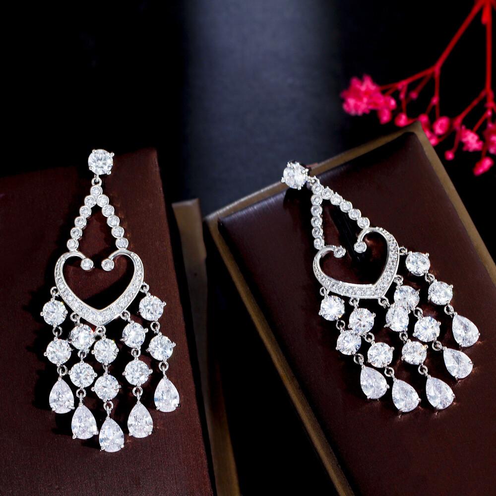 Dazzling Cubic Zirconia CZ Silver Plated Long Dangly Tassel Drop Wedding Earring
