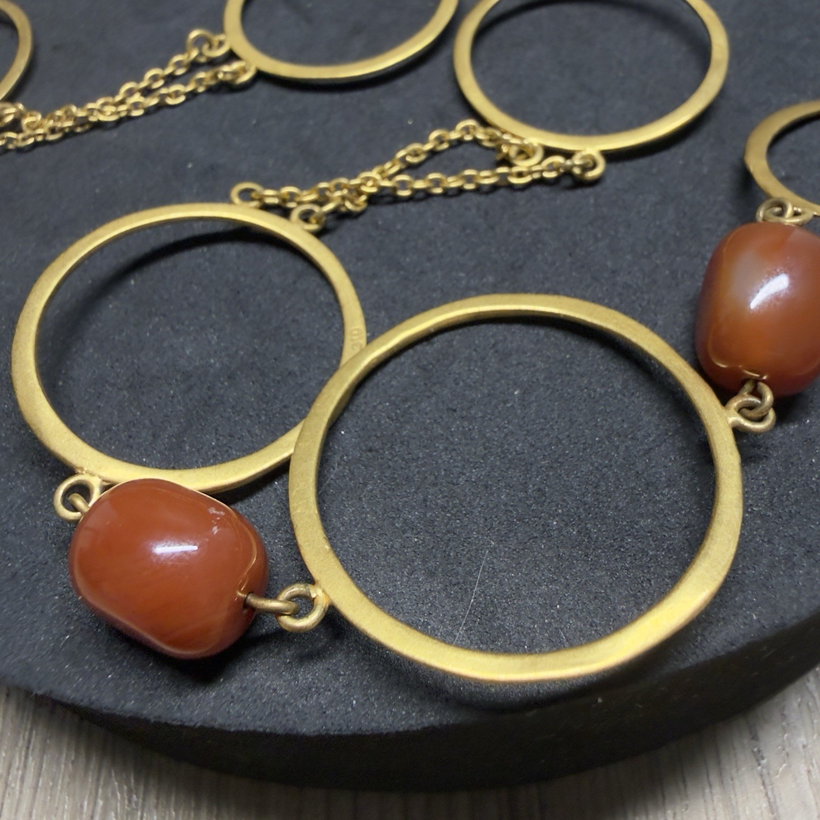 RETRO Carnelian Station Necklace Gold Plated Rings Designer Statement 82cm Long