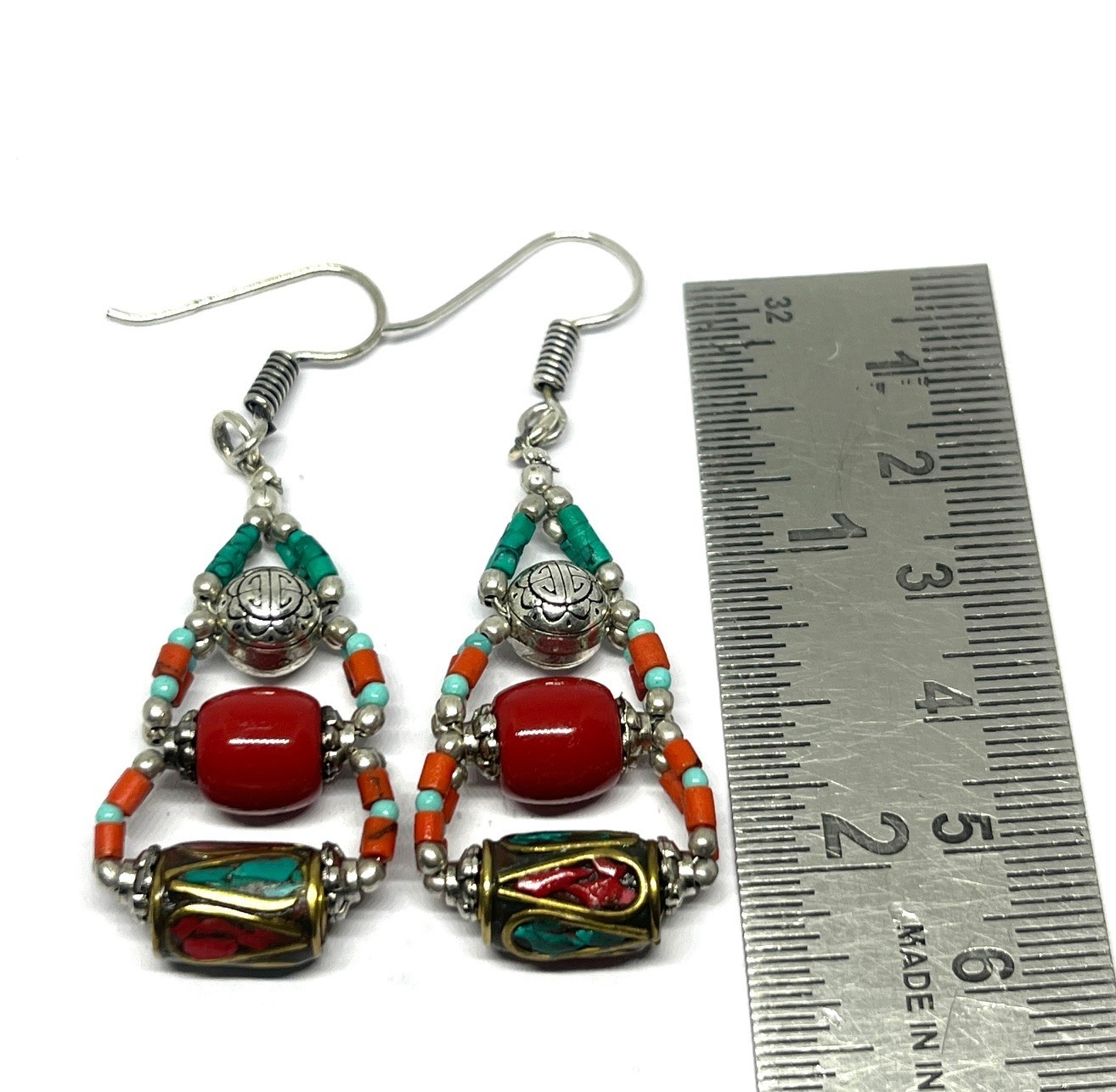 Nepalese Red Coral Turquoise Gemstone Handmade Earring Jewelry, 2.1 Inch