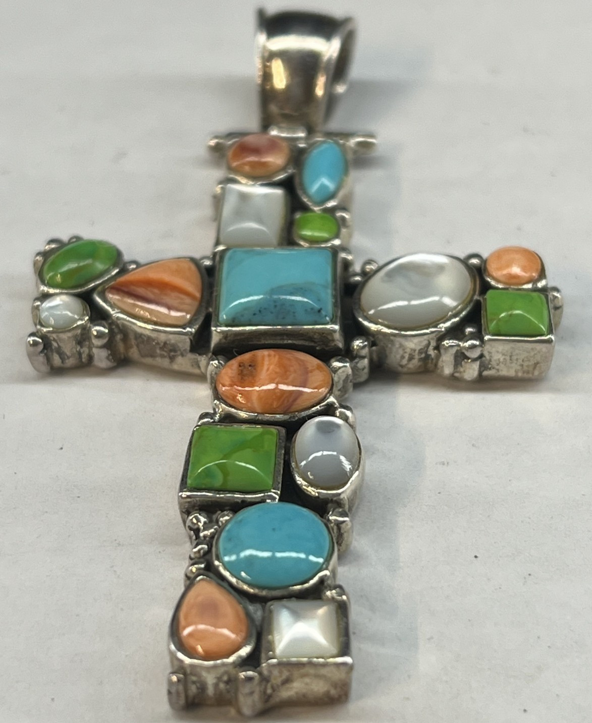 925 Sterling Silver Multi Colored Stones Cluster Cross Pendant Large 2.75″