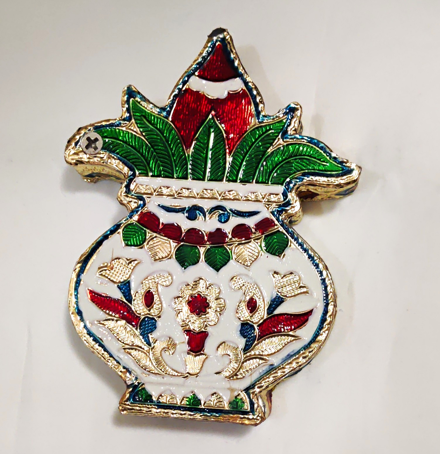 Lot of 2 Floral Vase Design Enamel Brooch Pins, Multicolor Metal