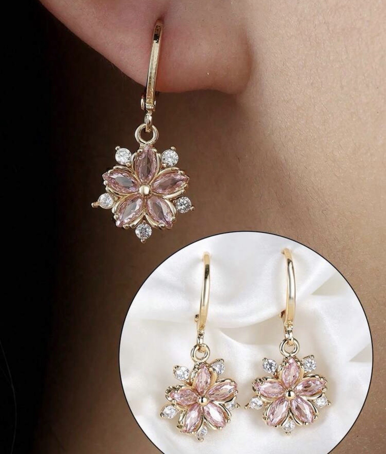 Gold-Tone Flower Pink Simulated Cubic Zirconia Dangle/Drop Leverback Earrings
