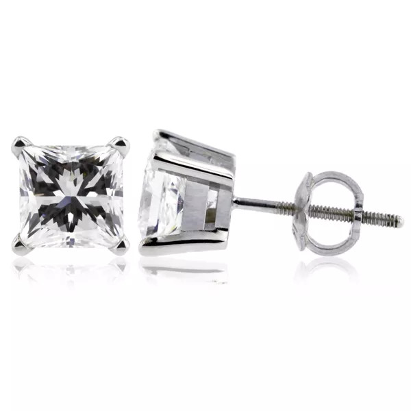 Stud Earrings Solid 14K Gold Classic 0.94 Carat Princess Natural Diamond F VS2
